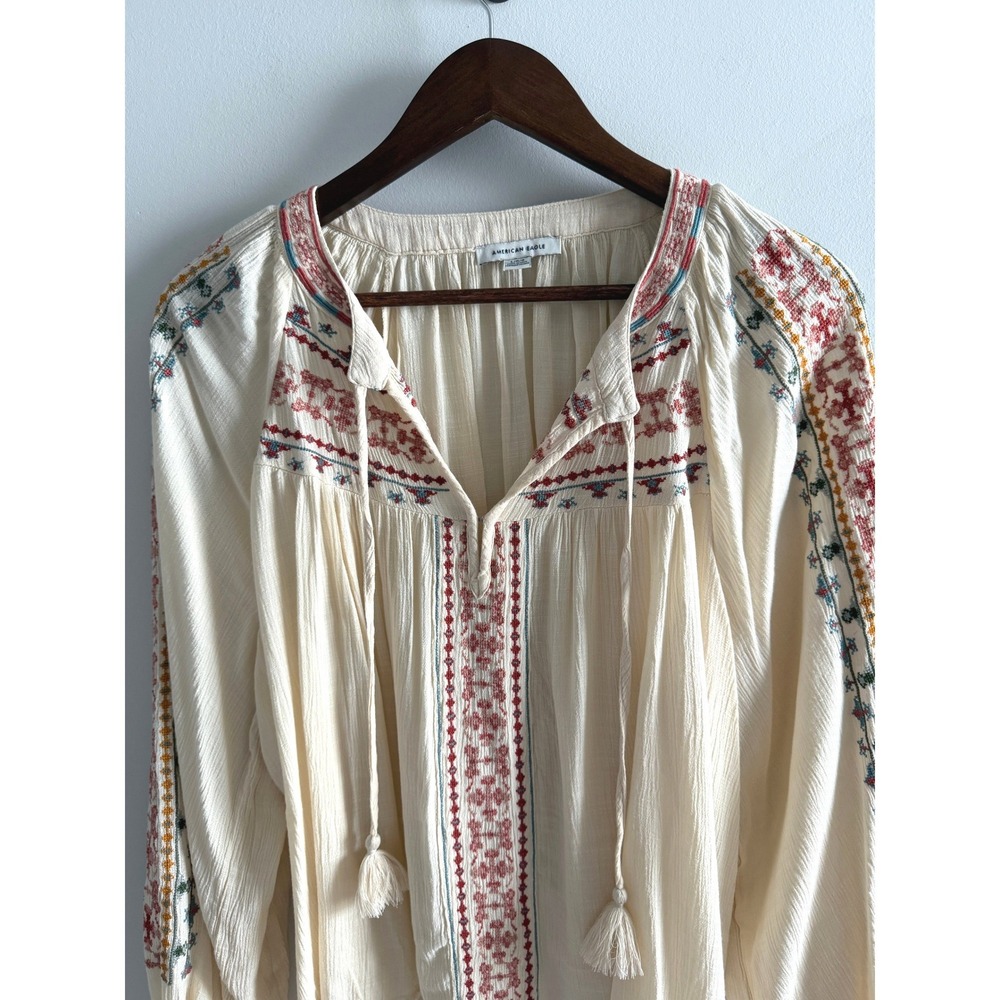 American Eagle Embroidered Large Peasant Blouse Boho Tassel Balloon Sleeve Top - Picture 5 of 12